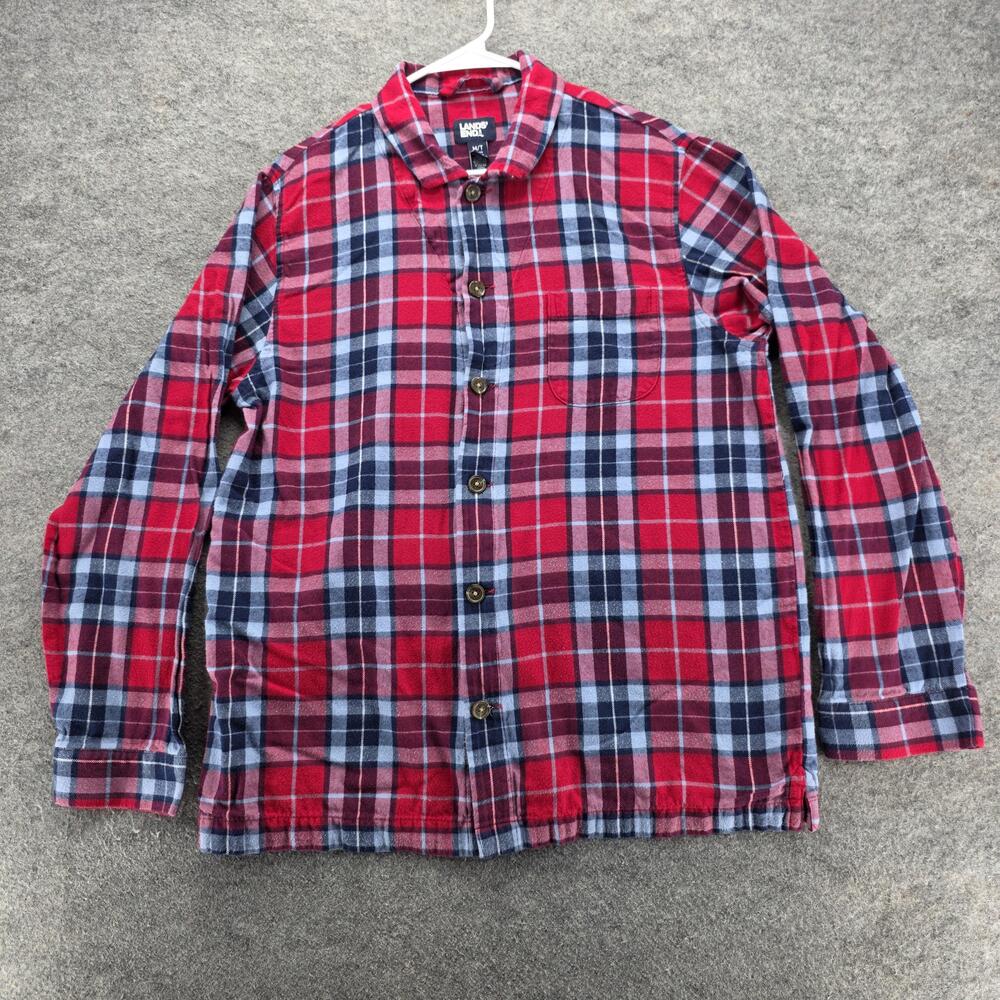 Lands' End Flannel Shirt Mens Medium Red Blue Plaid Long Sleeve Brushed Cotton